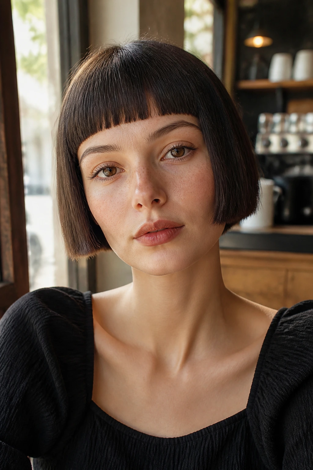 Real woman with blunt micro bob in a warmly lit cafe