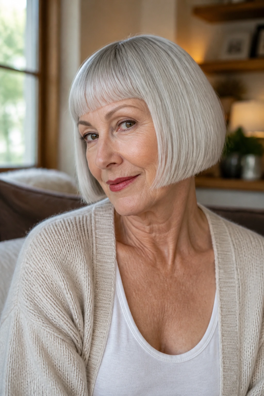 Close-up portrait of a real woman with a blunt micro-bob in natural window light.