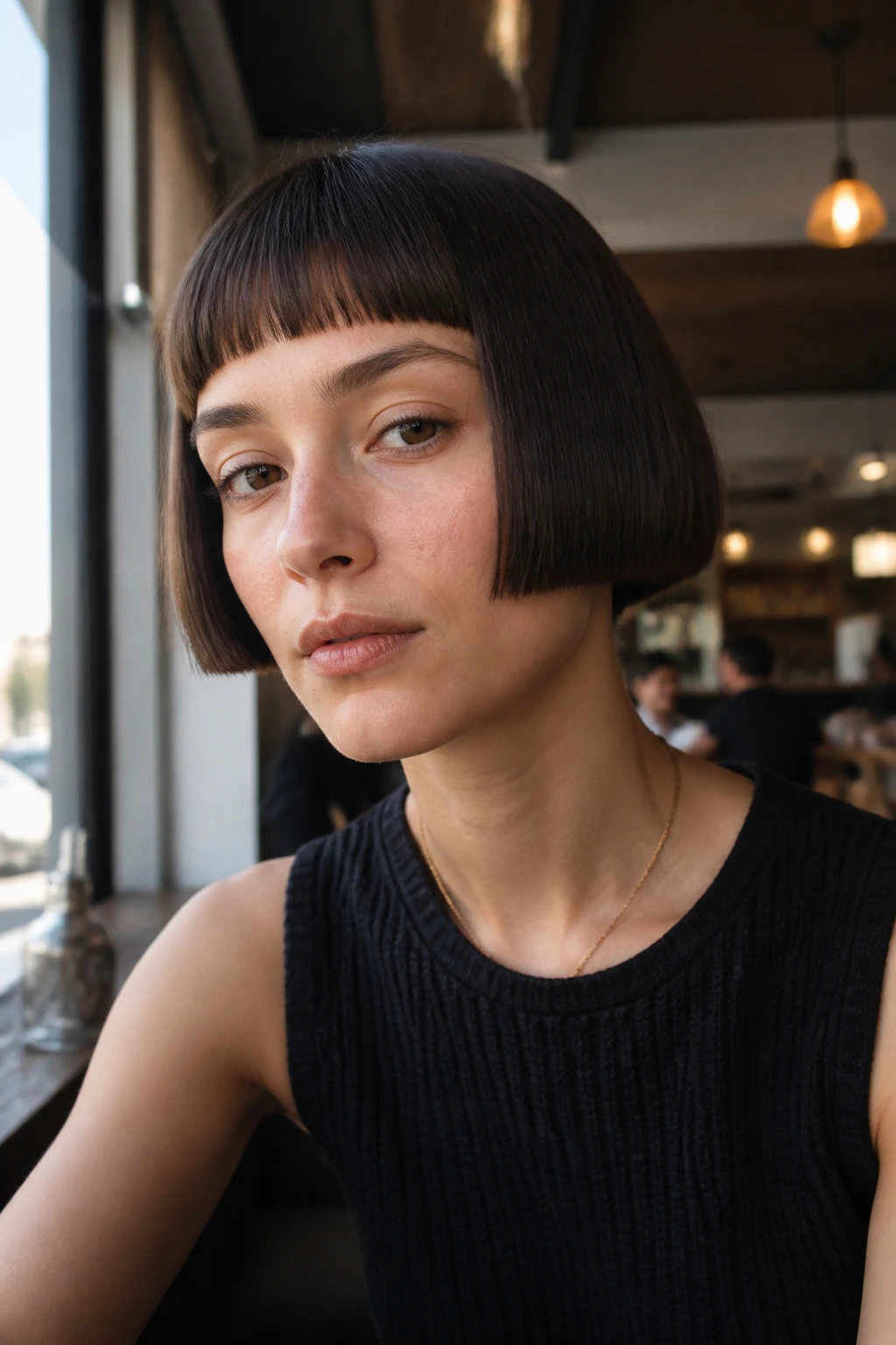 Real woman with blunt micro-pageboy and eyebrow fringe