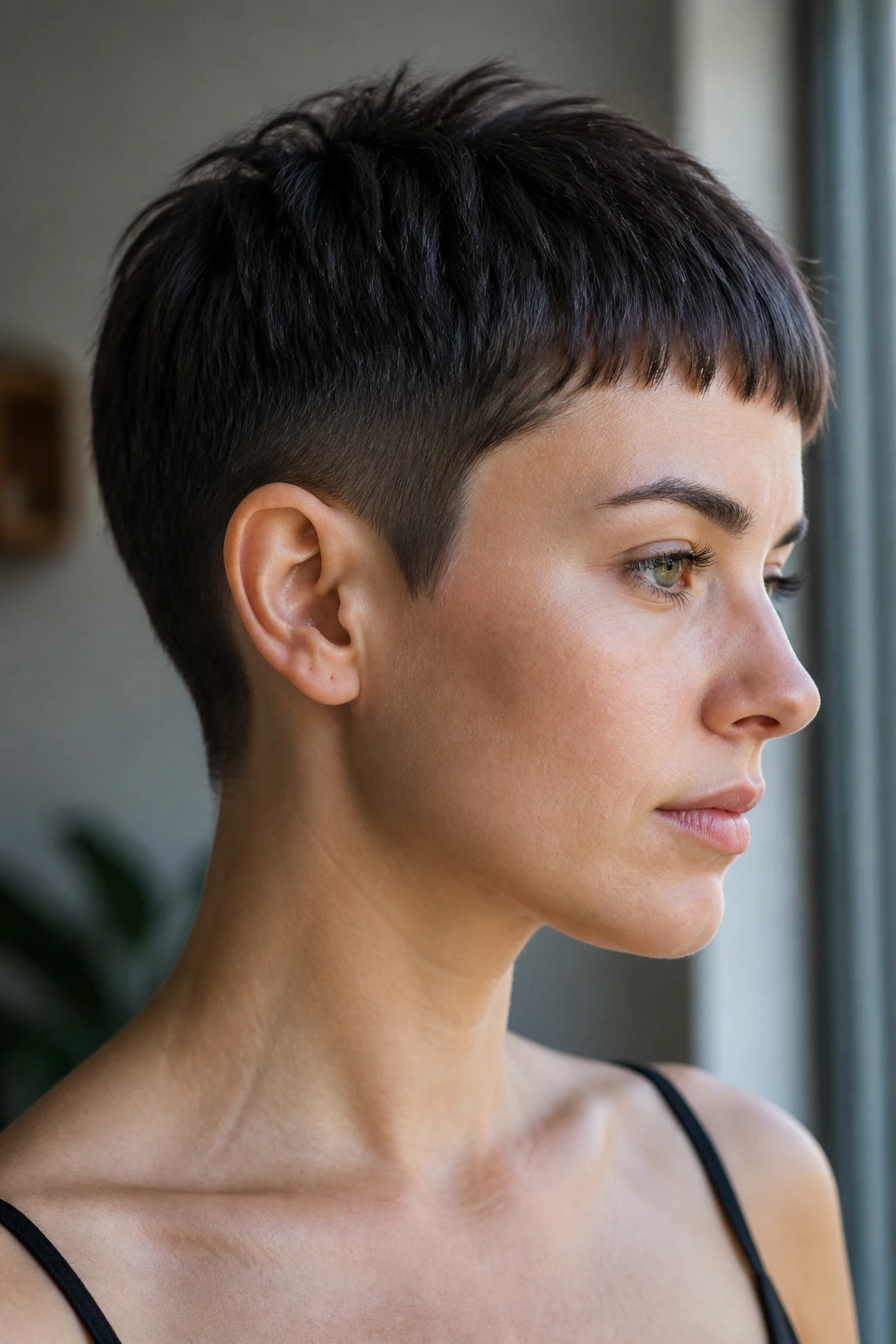 Real person with blunt micro pixie and clean neck