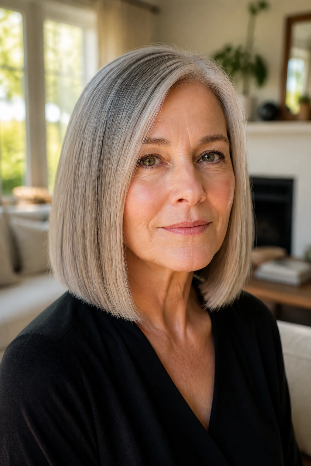 Close-up of woman with blunt mid-length lob in a sunlit room