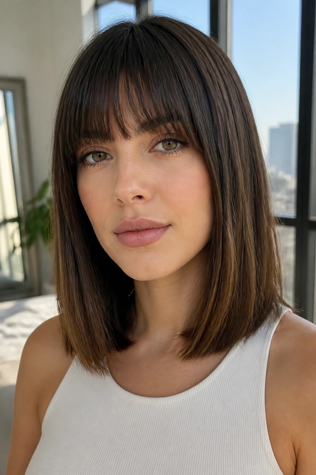 Portrait of real woman with blunt midi and brow-skimming bangs in bright apartment