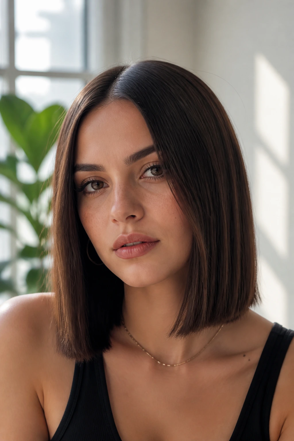 Close-up of blunt midi cut with center part on a real person in a bright setting