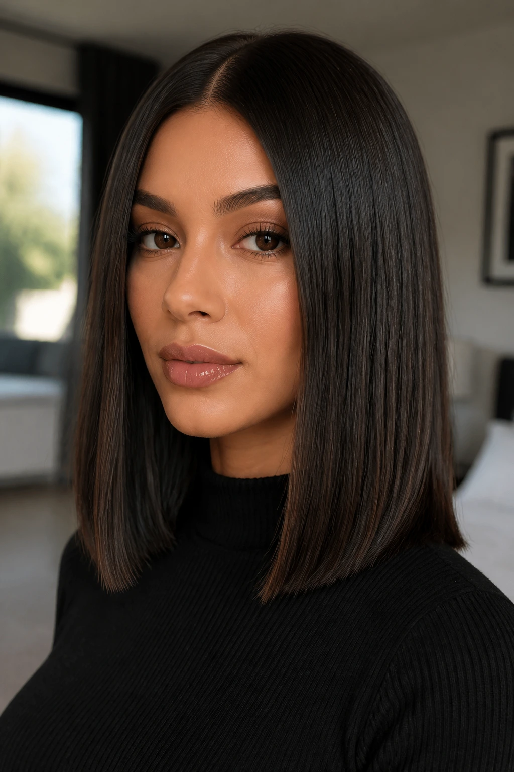 Close-up of a woman with blunt midi cut and center part