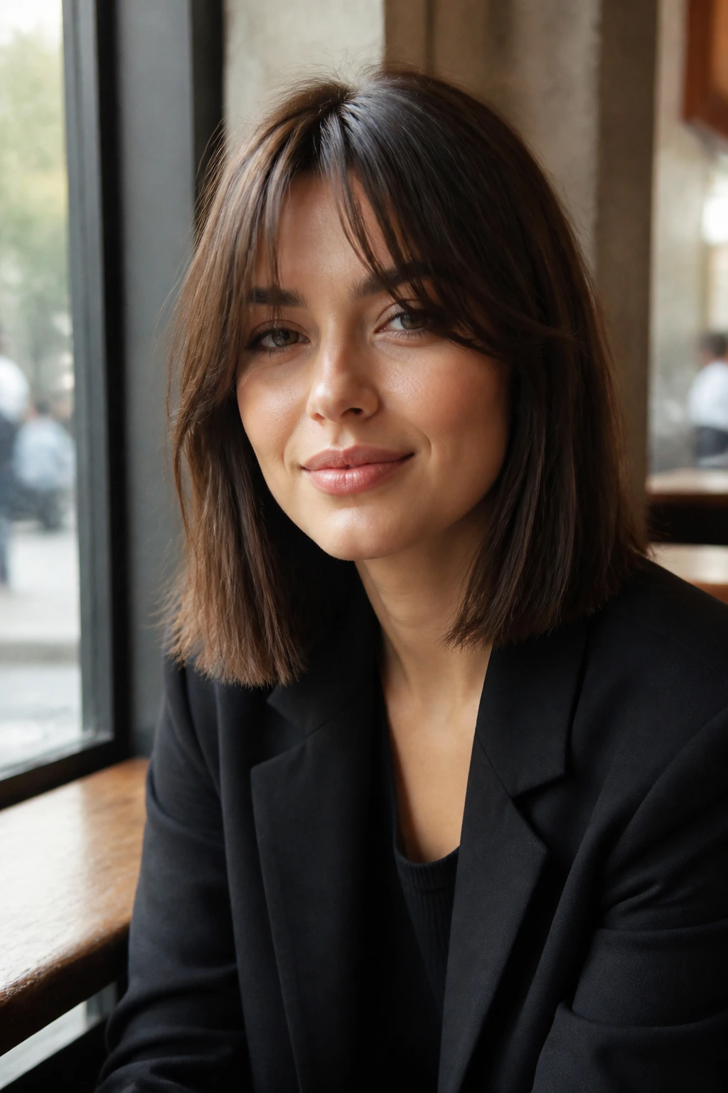 Portrait of a person with blunt midi cut and airy curtain bangs in cafe light