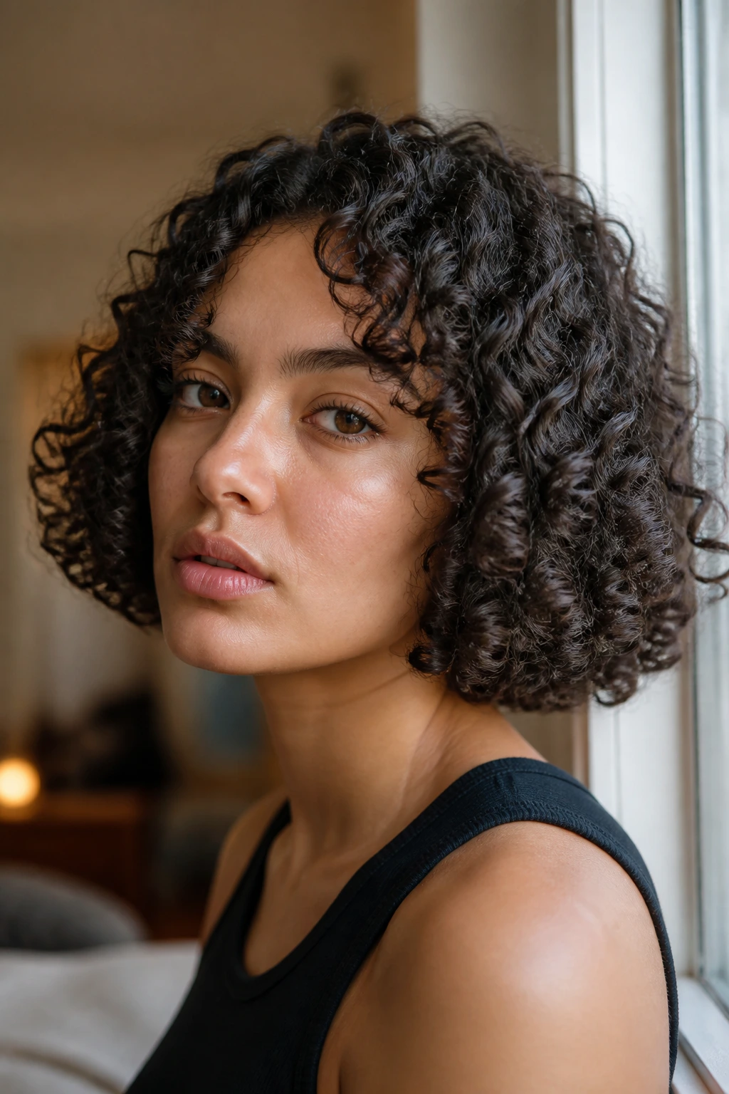 Real woman with blunt perimeter curly bob under natural morning light