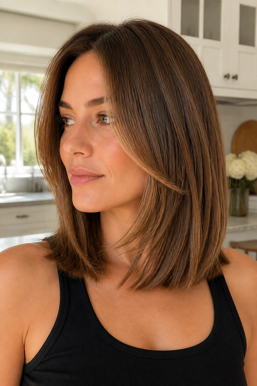 Woman with blunt perimeter and subtle interior feathering at shoulder length