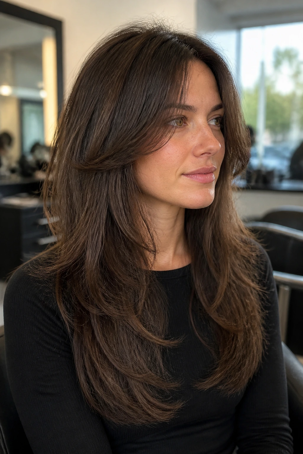 Portrait of a real person with blunt perimeter and soft interior hair layers