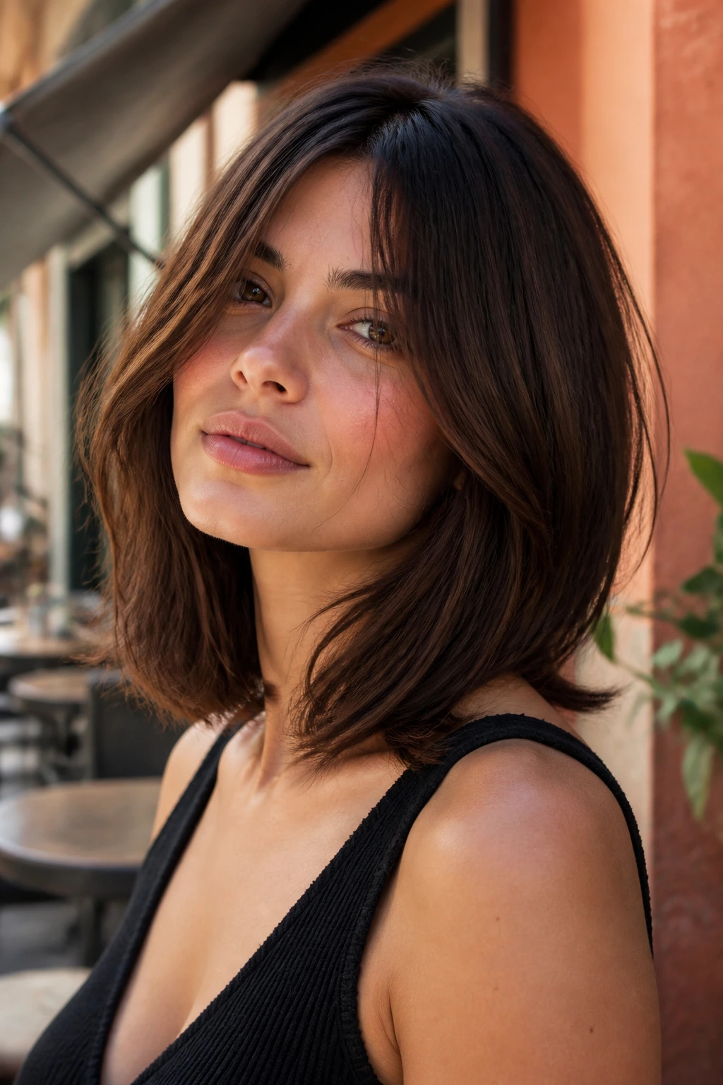 Close-up of a real person with a blunt-perimeter layered lob and soft interior layers