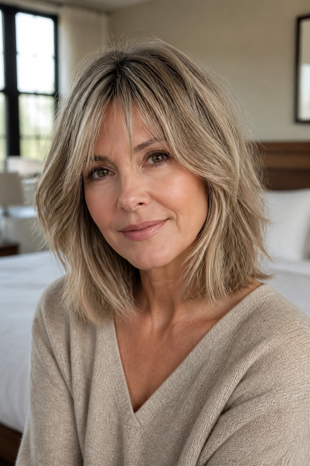 Close-up of a real woman with blunt-perimeter lob shag in bright light