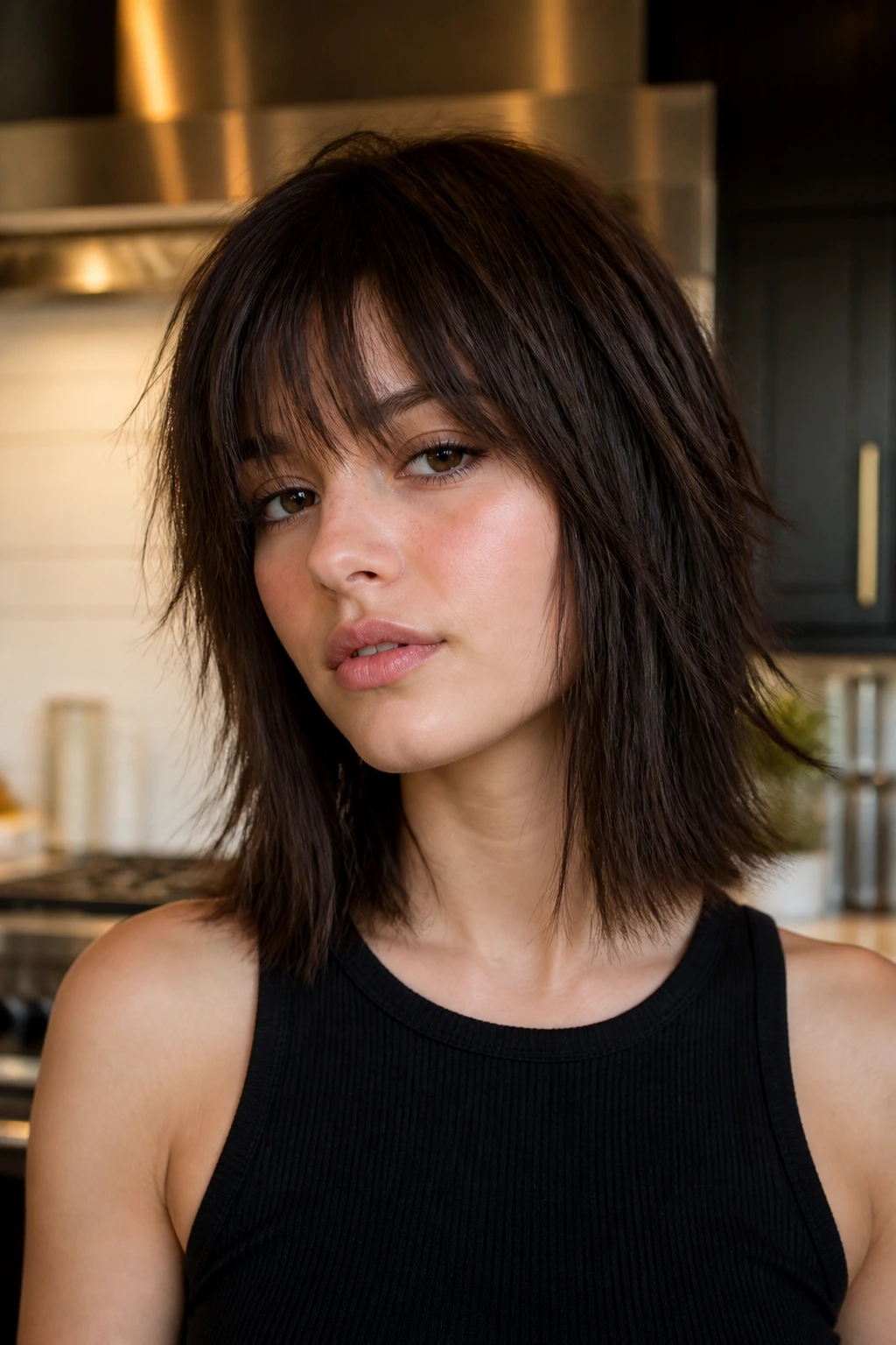 Close-up portrait of a woman with blunt perimeter shag and sliced layers