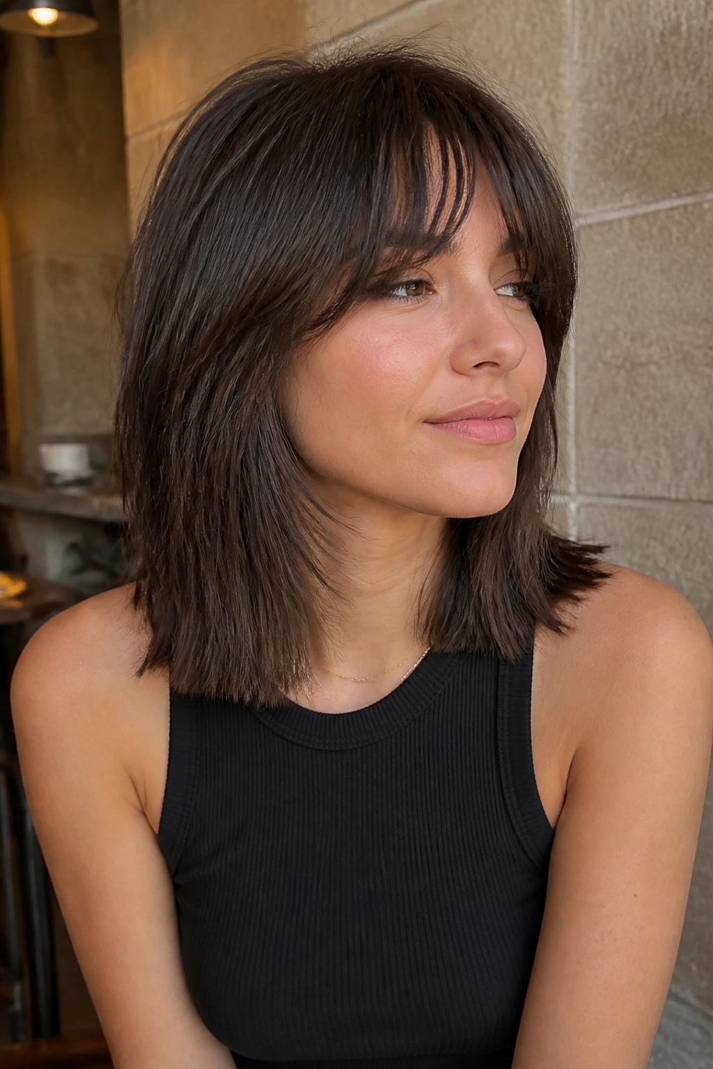 Close-up portrait of a real woman with blunt perimeter shag hairstyle in cafe lighting