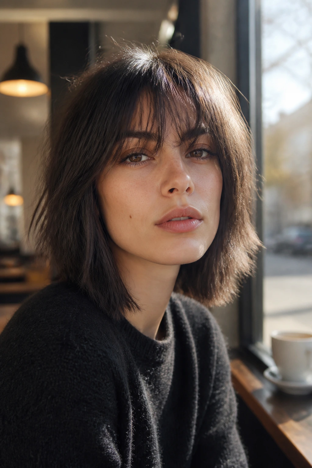 Close-up portrait of a real woman with blunt perimeter shag and piecey bangs in cafe-window light.