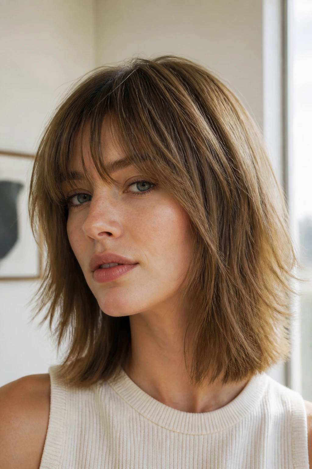 Portrait of a real person with Blunt-Perimeter Shag showing a crisp lower edge
