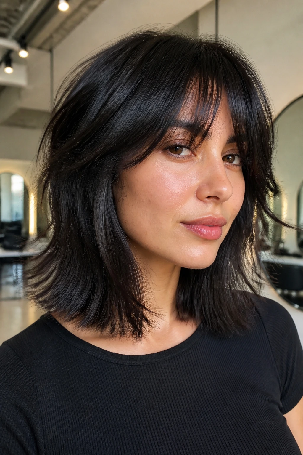 Close-up of a real woman with blunt-perimeter shag in natural daylight