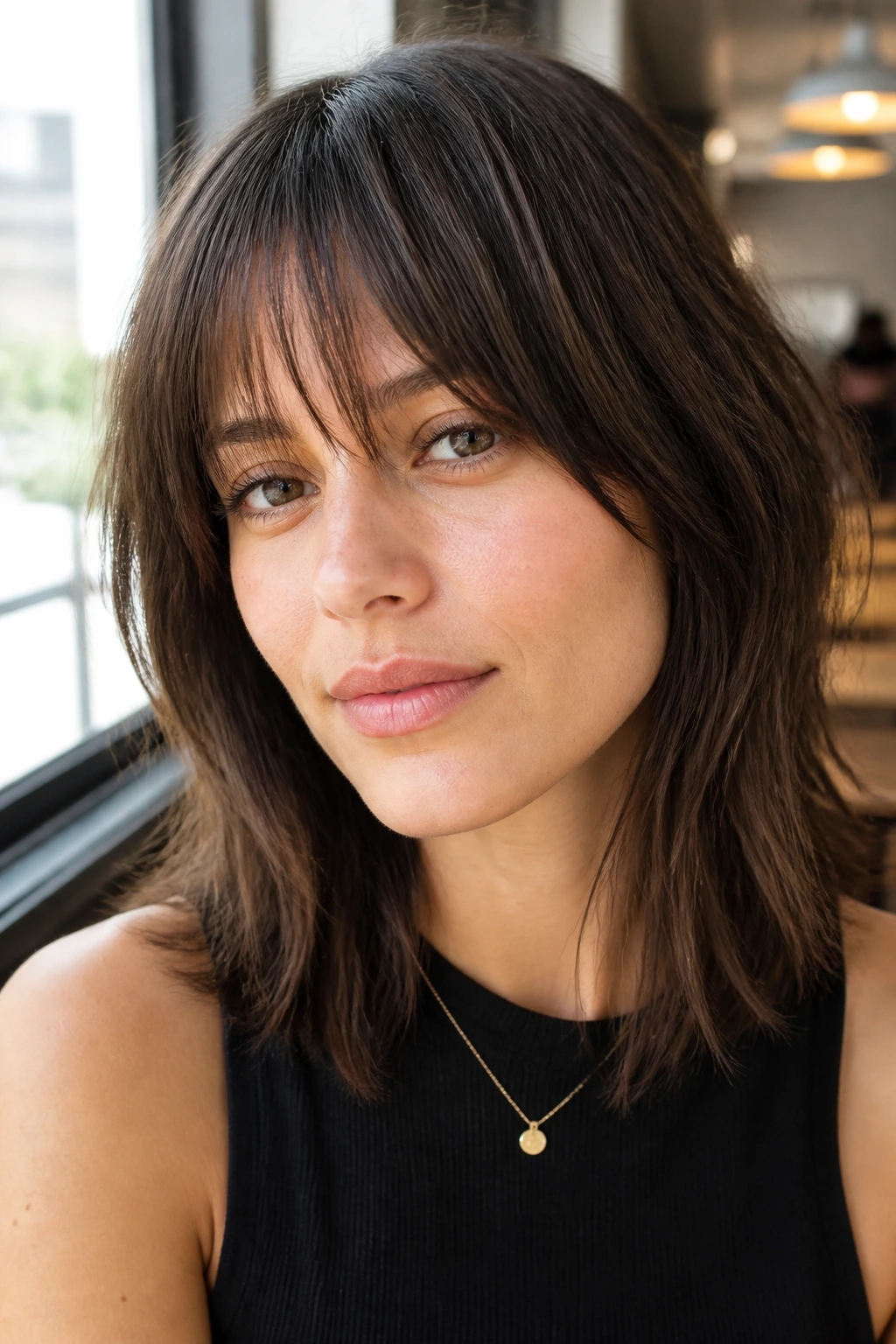 Close-up portrait of a real person with Blunt-Perimeter Shag With Wispy Bangs and wispy bangs