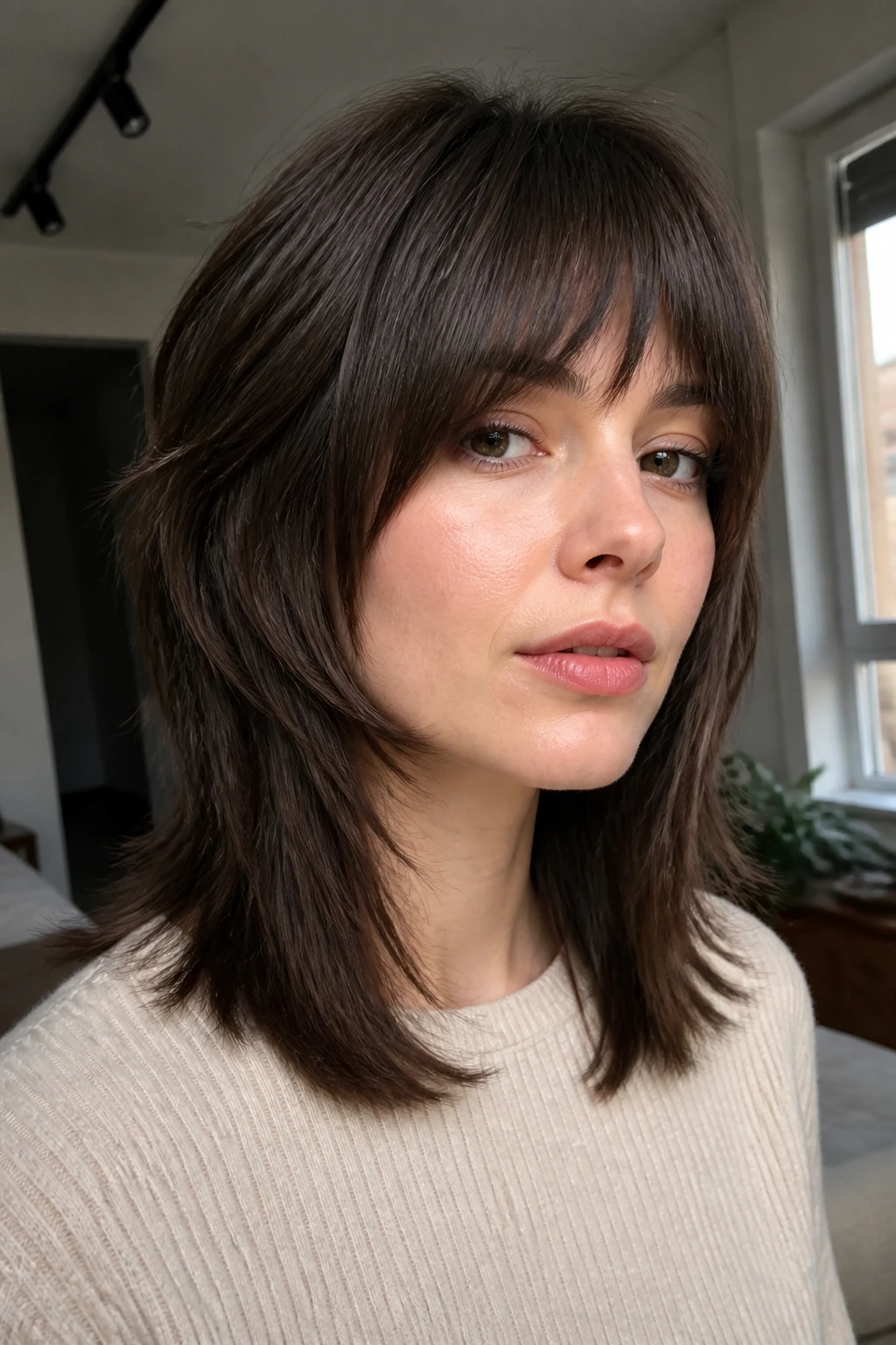 Close-up of a real person with Blunt-Perimeter Wolf Cut showing a strong bottom line on medium straight hair.