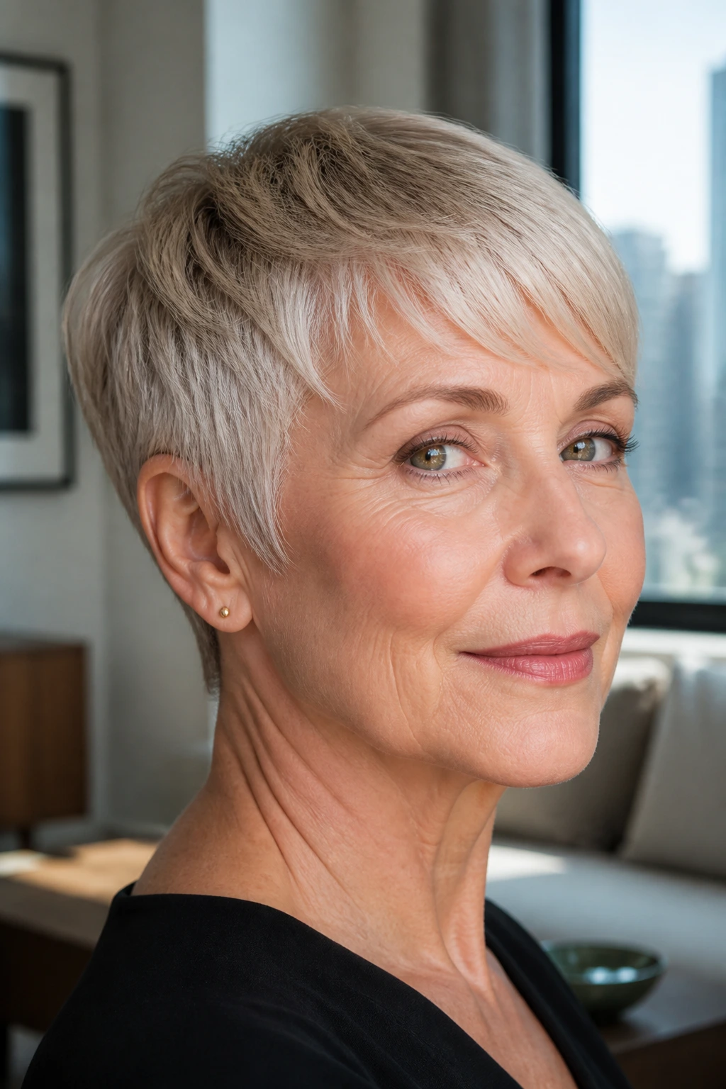 Close-up of a woman with blunt pixie and side-swept fringe in warm natural light