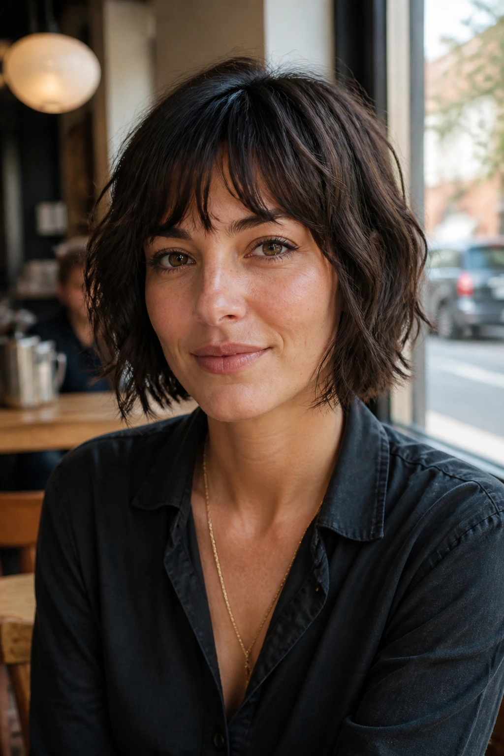 Real woman with broken-edge blunt shag in a cafe setting