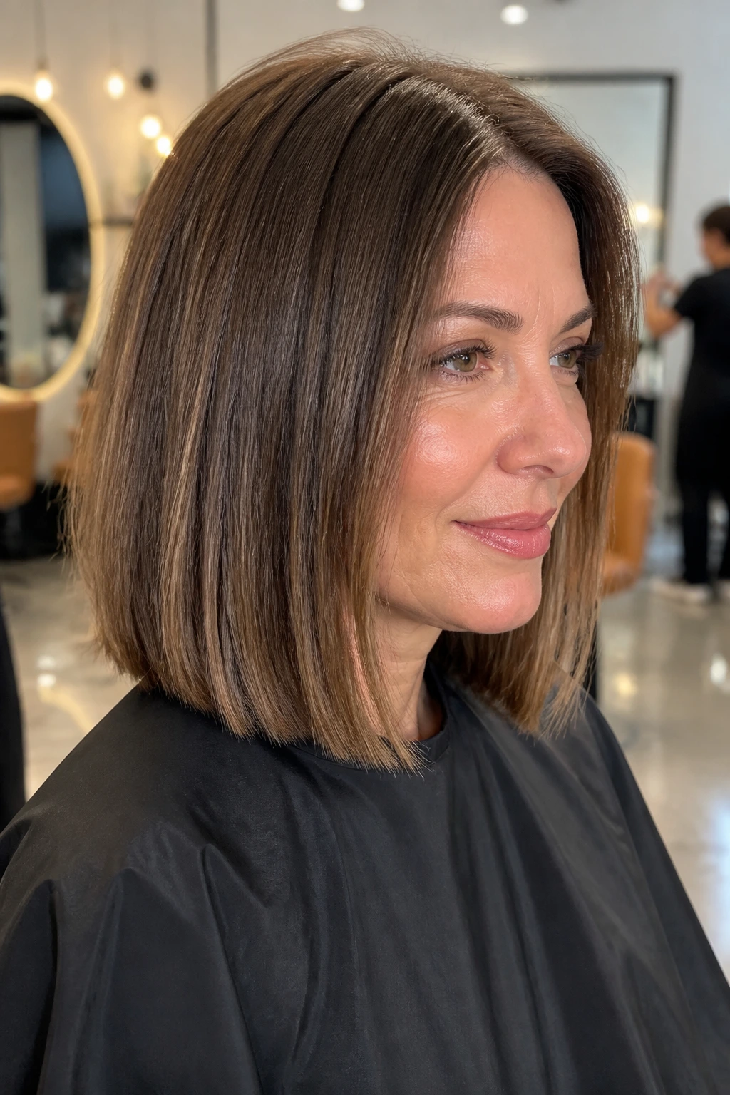 Shoulder-length blunt cut with hidden weight removal on a real woman.