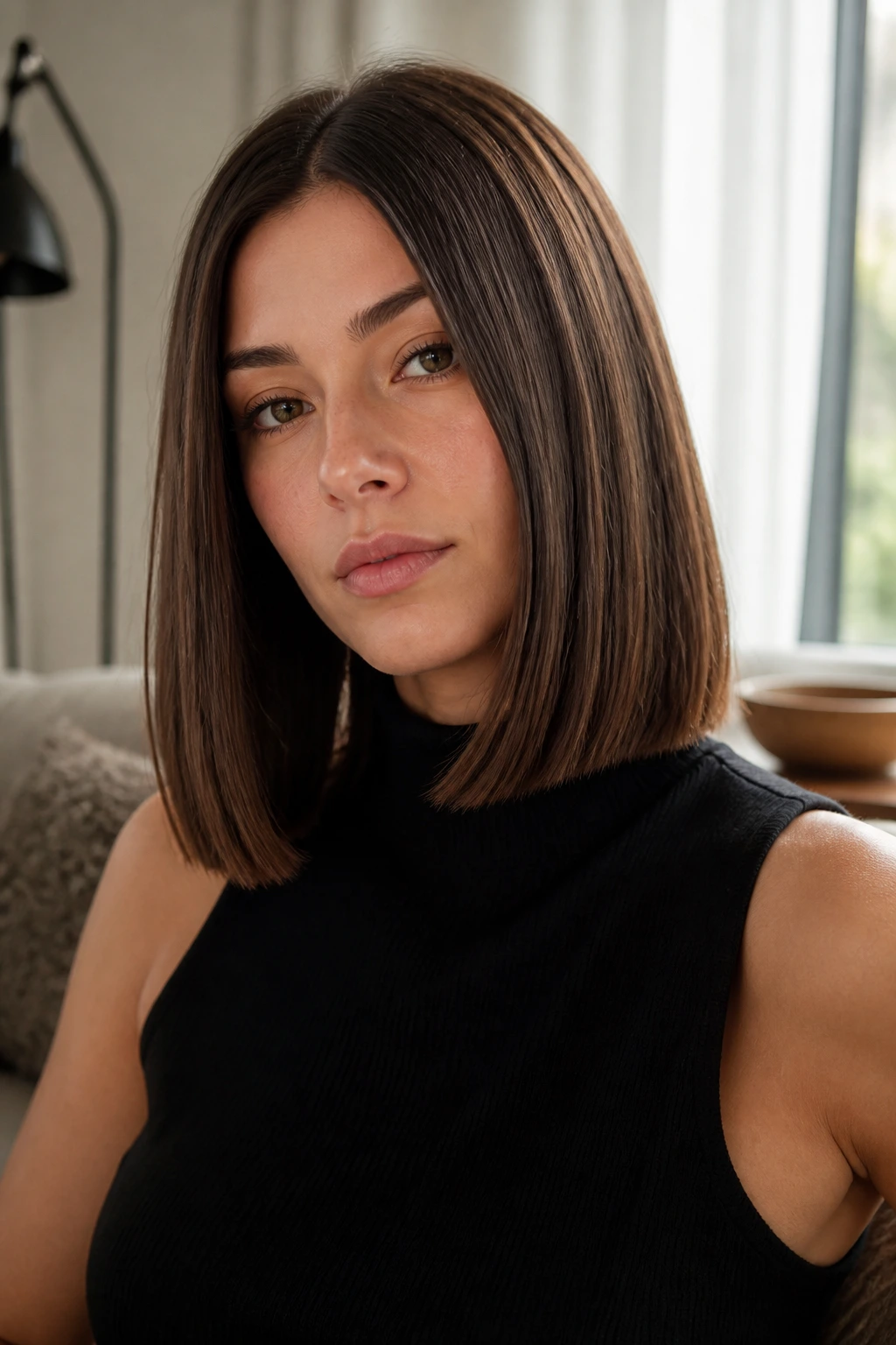 Close-up of real person with blunt shoulder-length cut and center part