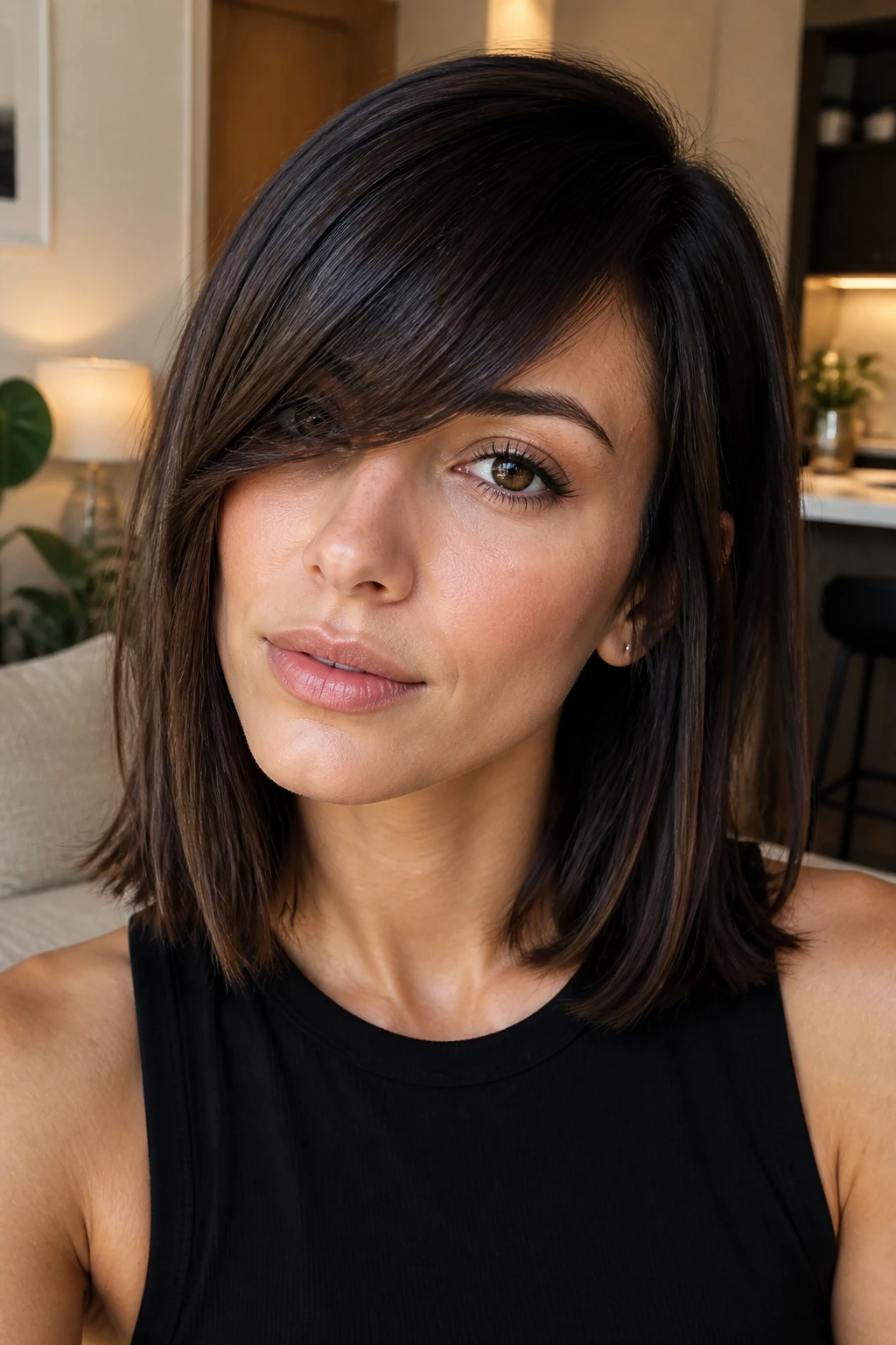Close-up of blunt shoulder-length cut with deep side-sweep bangs