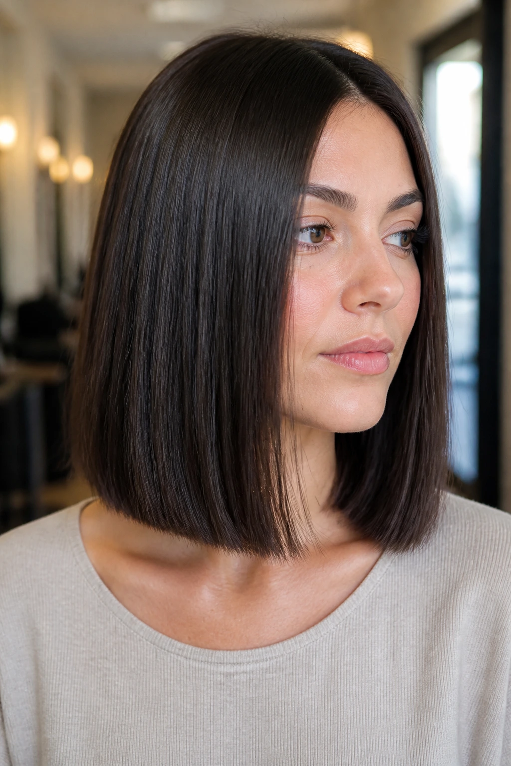 Close-up of a real woman with a blunt shoulder-length cut, crisp edge and shine