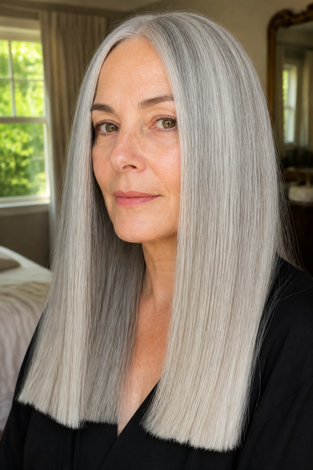 Close-up portrait of a real person with long blunt silver hair and a clean edge