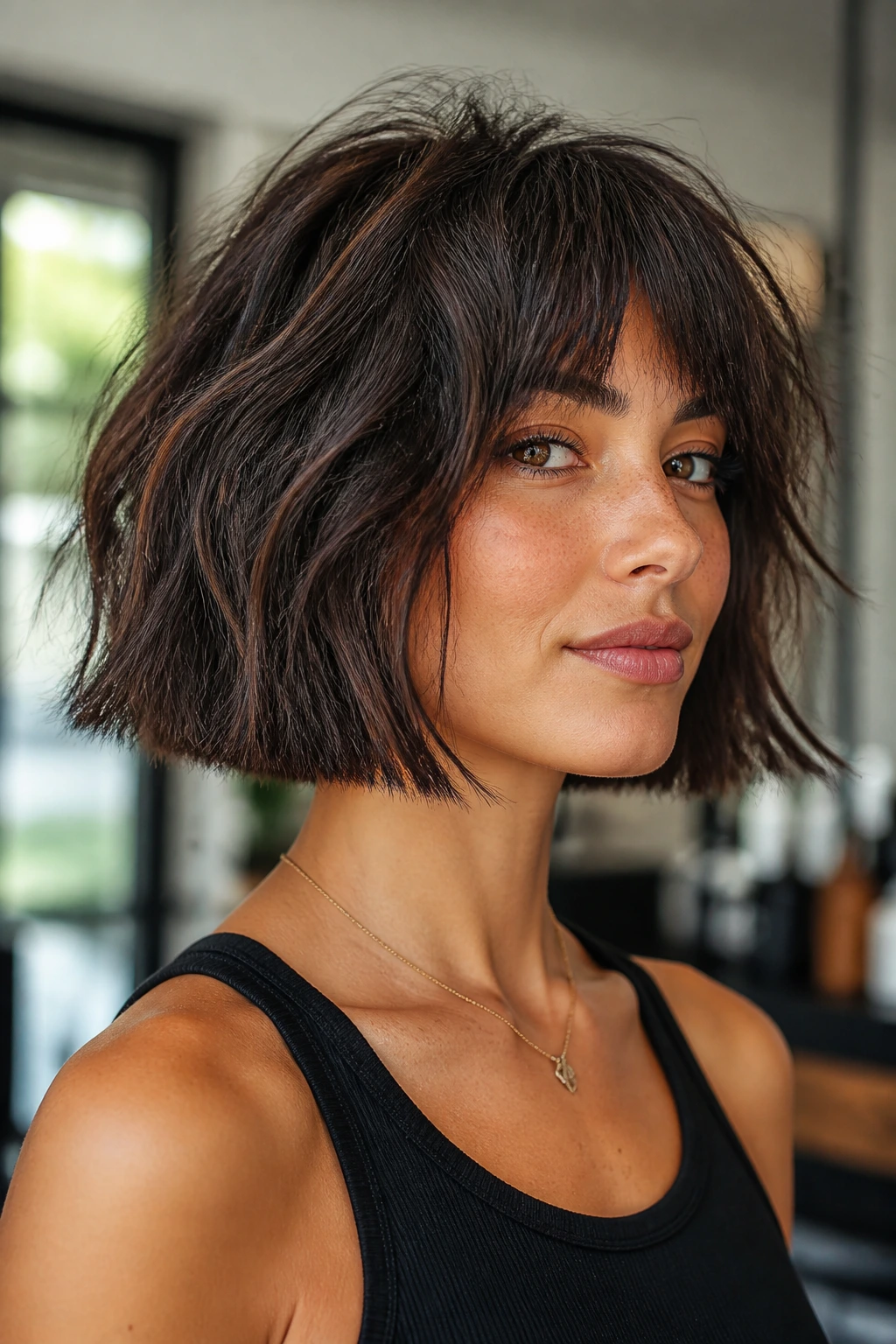 Close-up of a dense-haired woman with blunt underneath and choppy top texture.