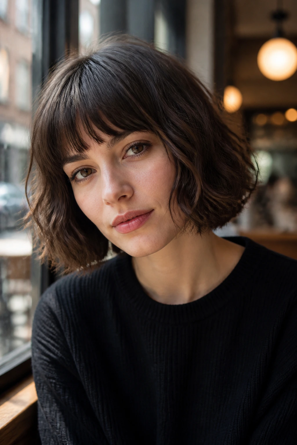 Portrait of a real person with blunt wavy bob and eyebrow fringe under warm cafe light