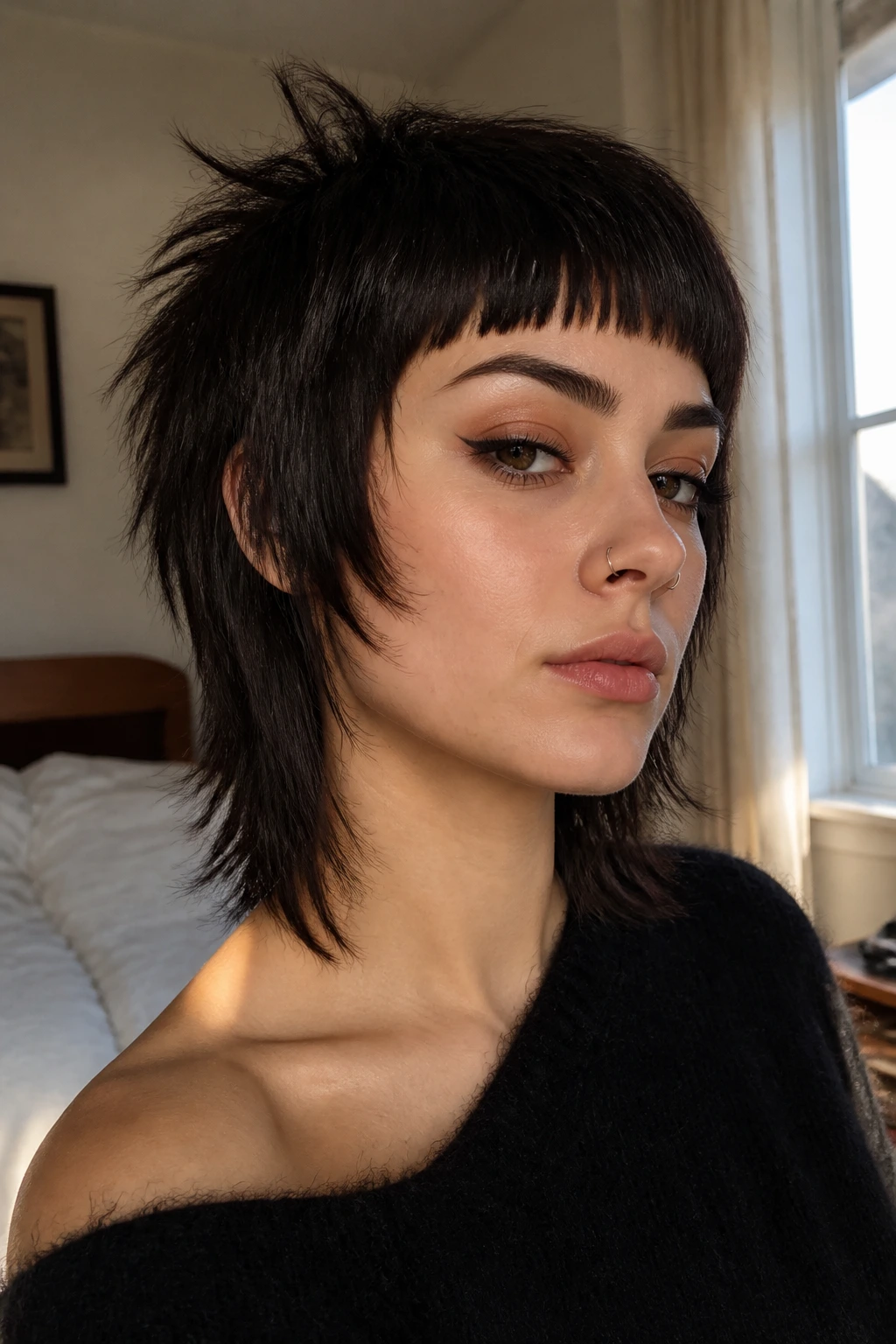 Close-up portrait of a real woman with a blunt fringe and rough layers in natural window light