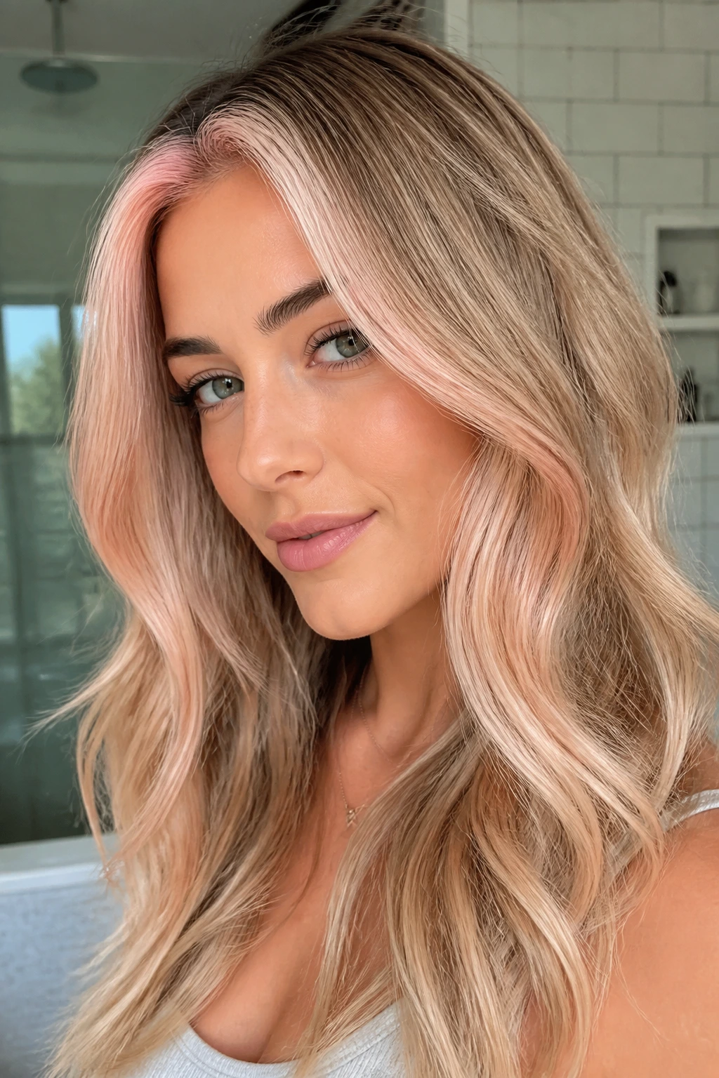 Close-up of a real woman with a blush pink money piece at the hairline