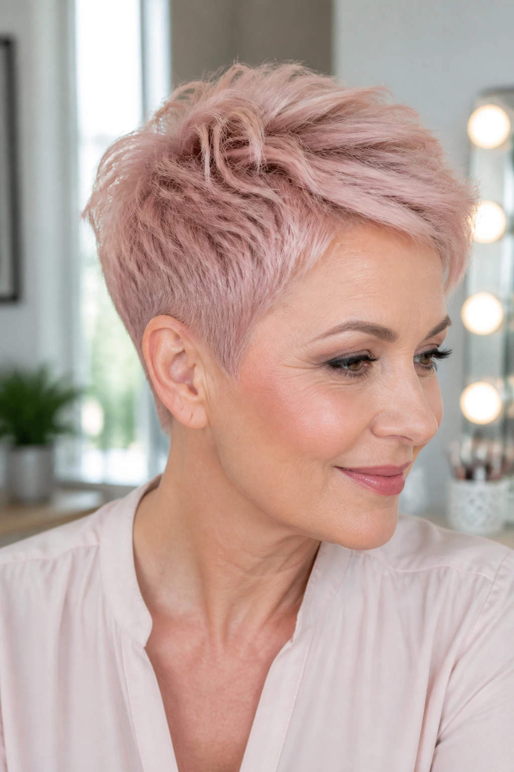 Close-up portrait of a real woman with blush pink tapered cut