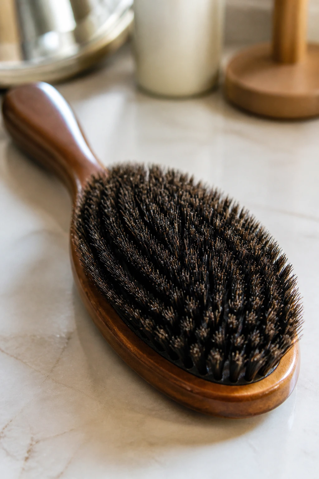 Close-up of a boar-bristle brush on a vanity
