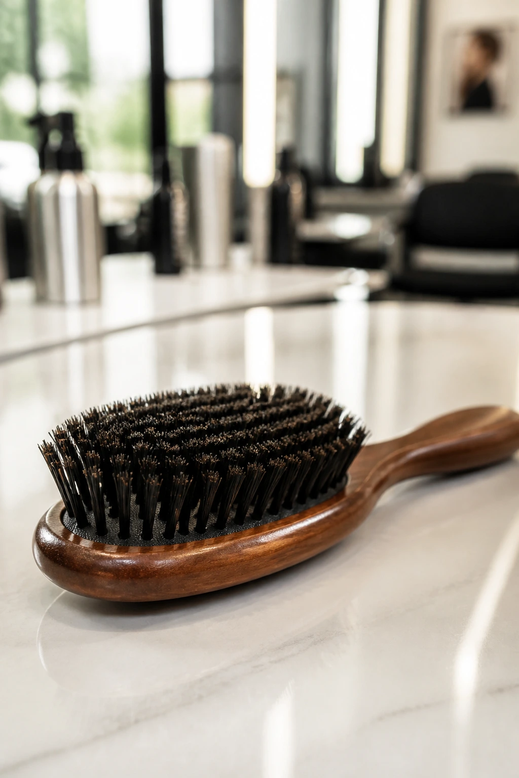 Close-up of a boar-bristle brush on a clean salon counter