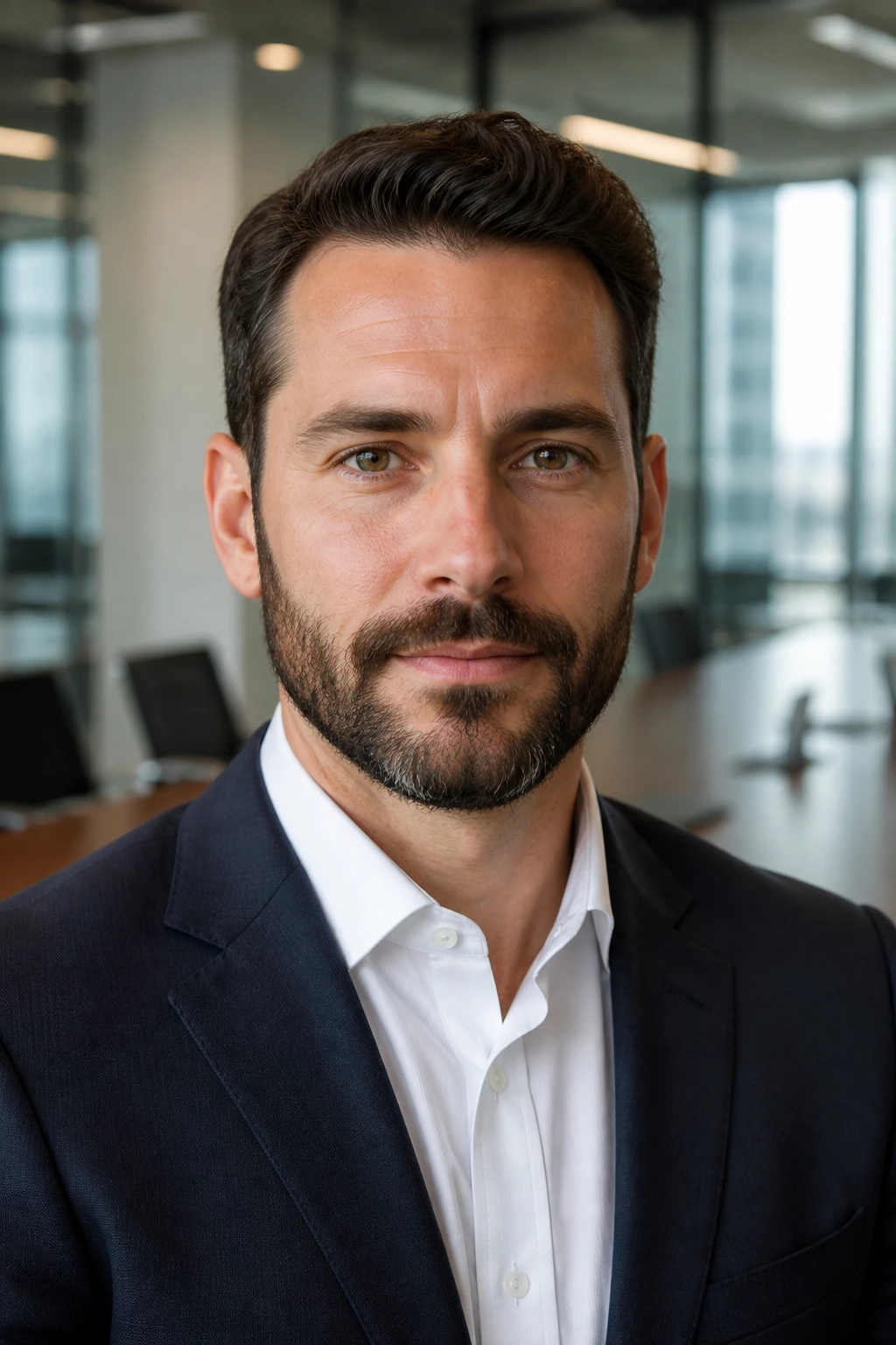 Close-up of a man with a neat Boardroom Beard in a modern office setting.
