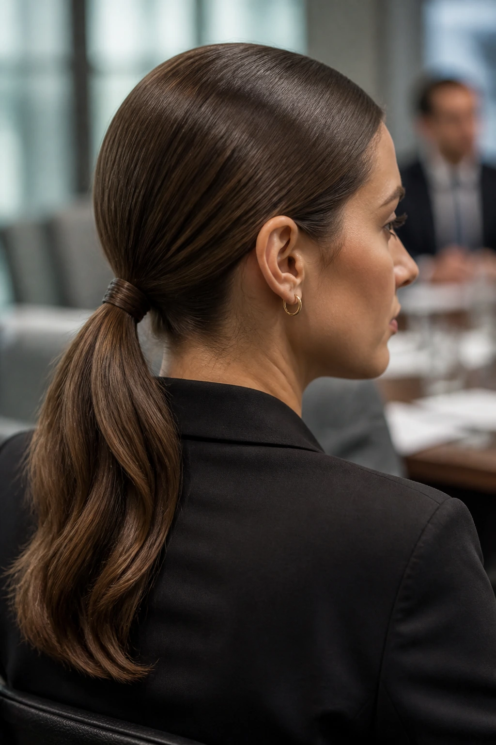 Close-up boardroom low ponytail on a real woman in a professional setting
