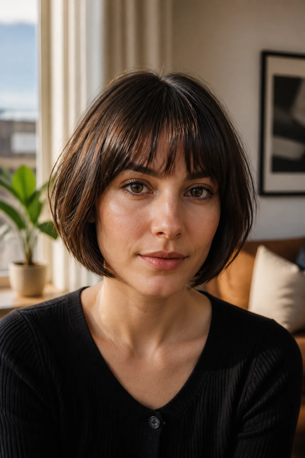Portrait of a real woman with a bob and bangs in a stylish morning-lit living room.