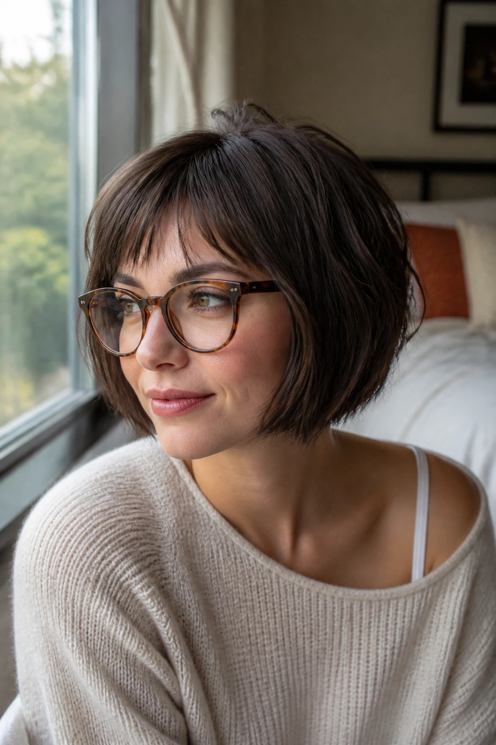 Close-up portrait of a real person with a bob and piecey bangs above glasses.