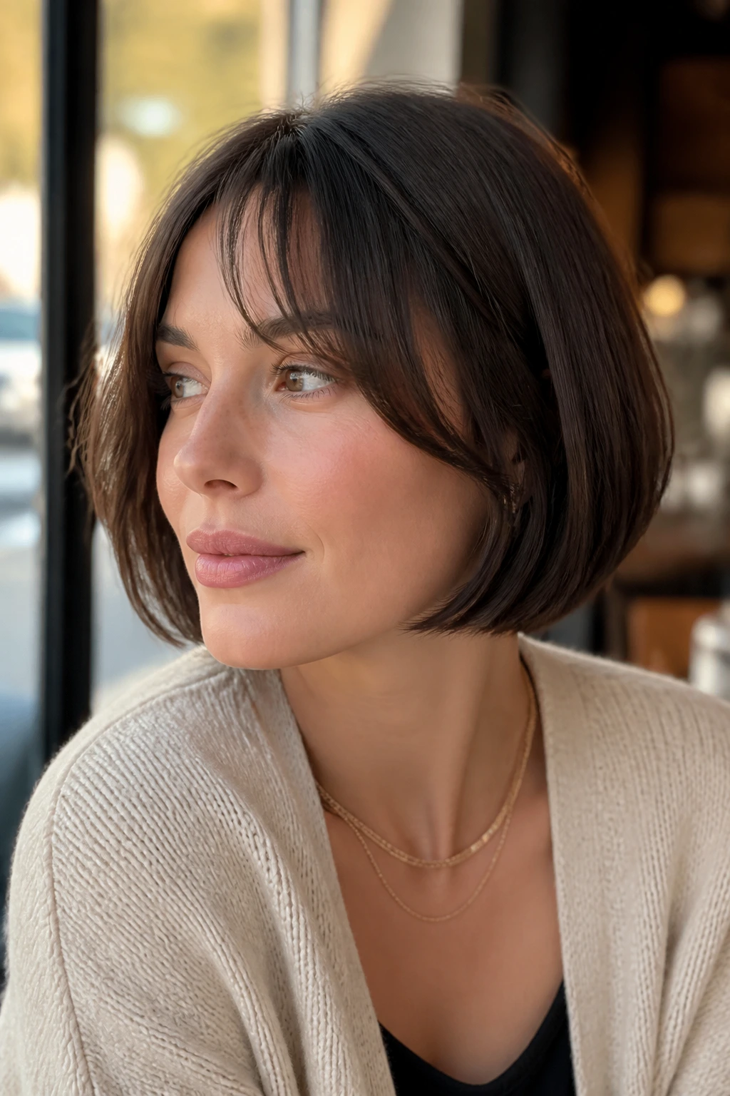 Portrait of a person with a bob and curtain bangs