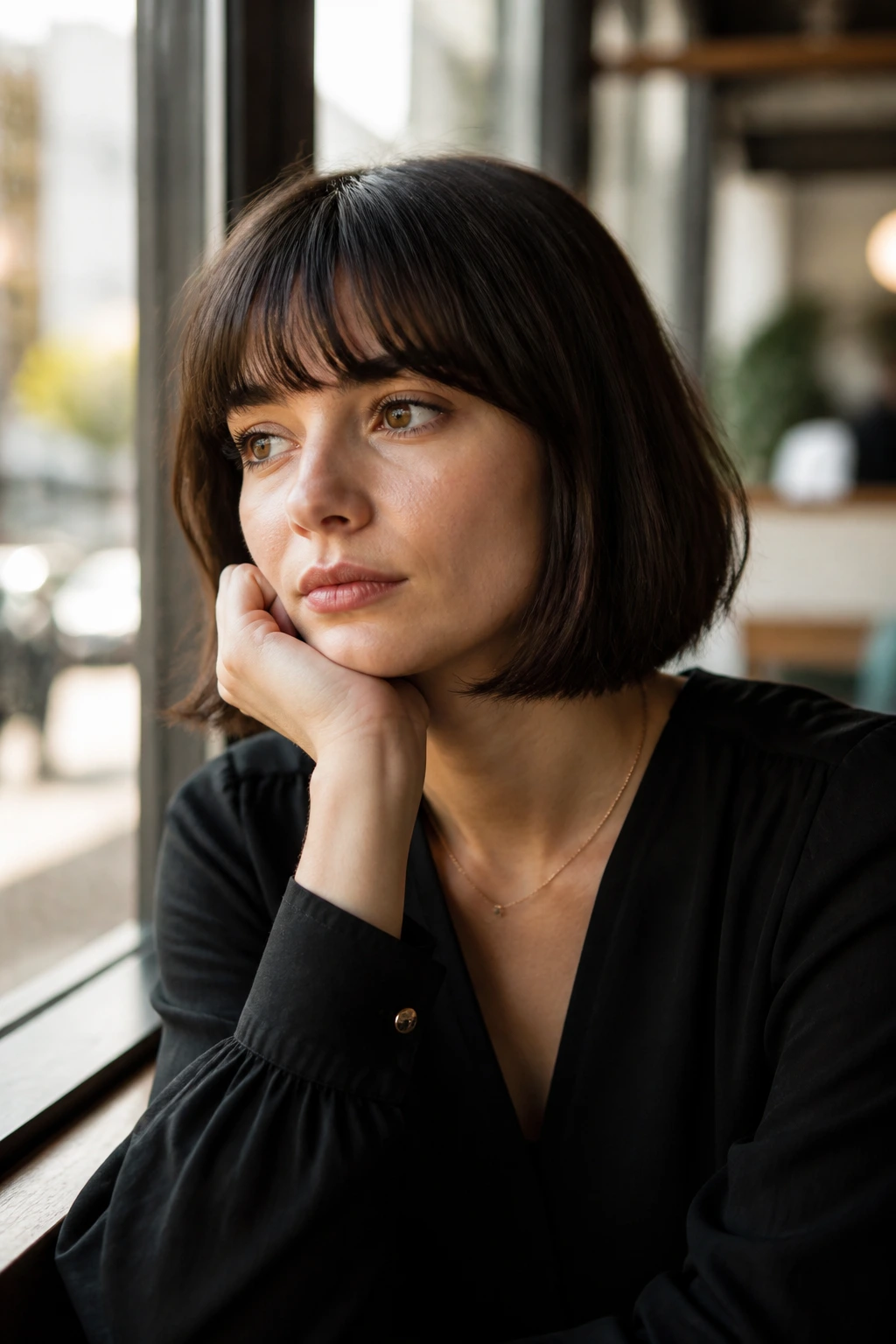 Real woman with bob and bangs in a thoughtful pose in a cafe setting.