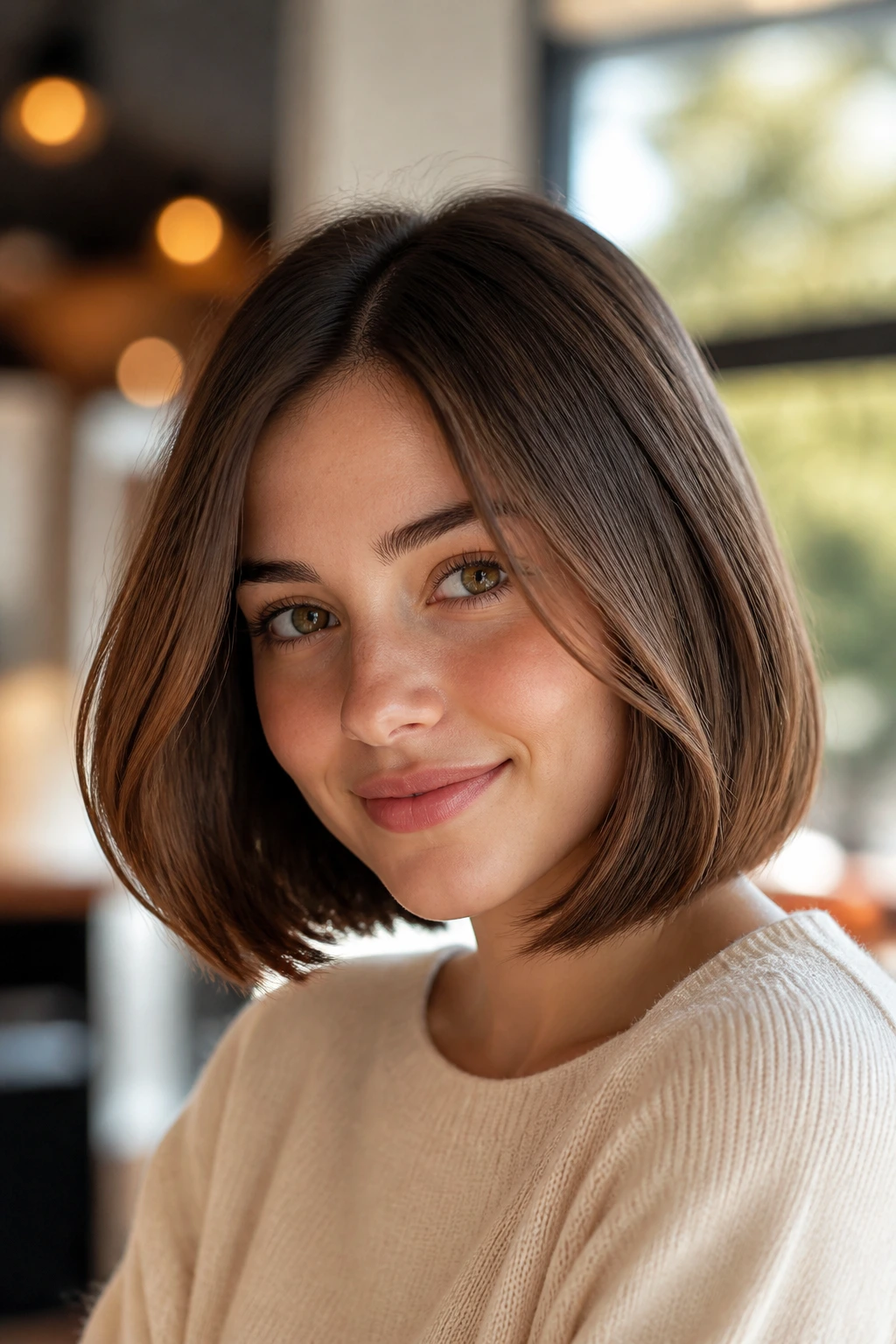 Portrait of a woman with a softly bent bob showing the shape