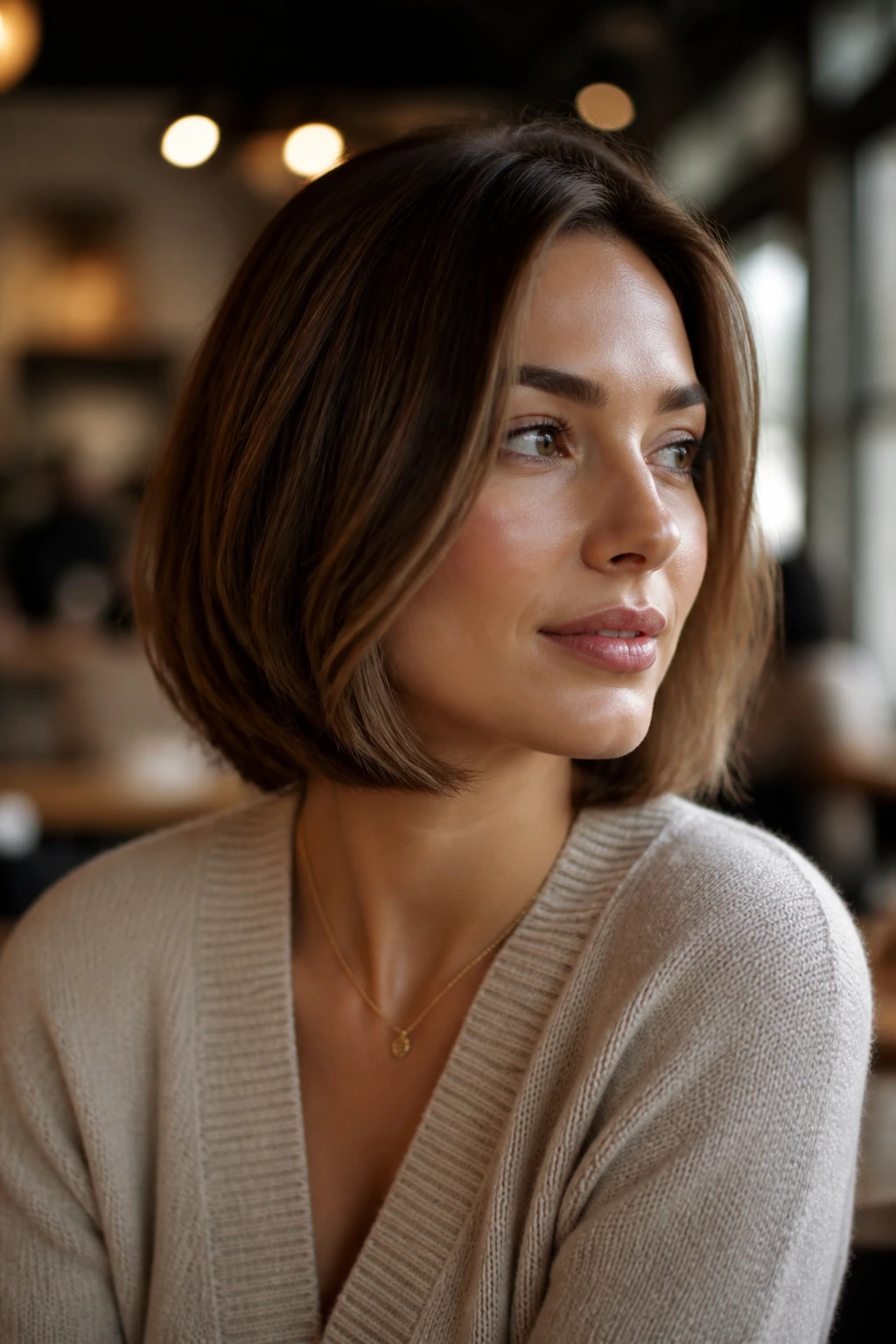 Real woman with a bob-length blowout looking polished in warm evening light
