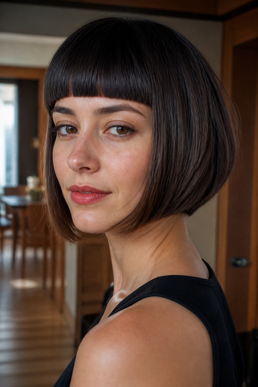 Close-up portrait of a real woman with blunt bangs and a stacked bob; sharp fringe and structured back.