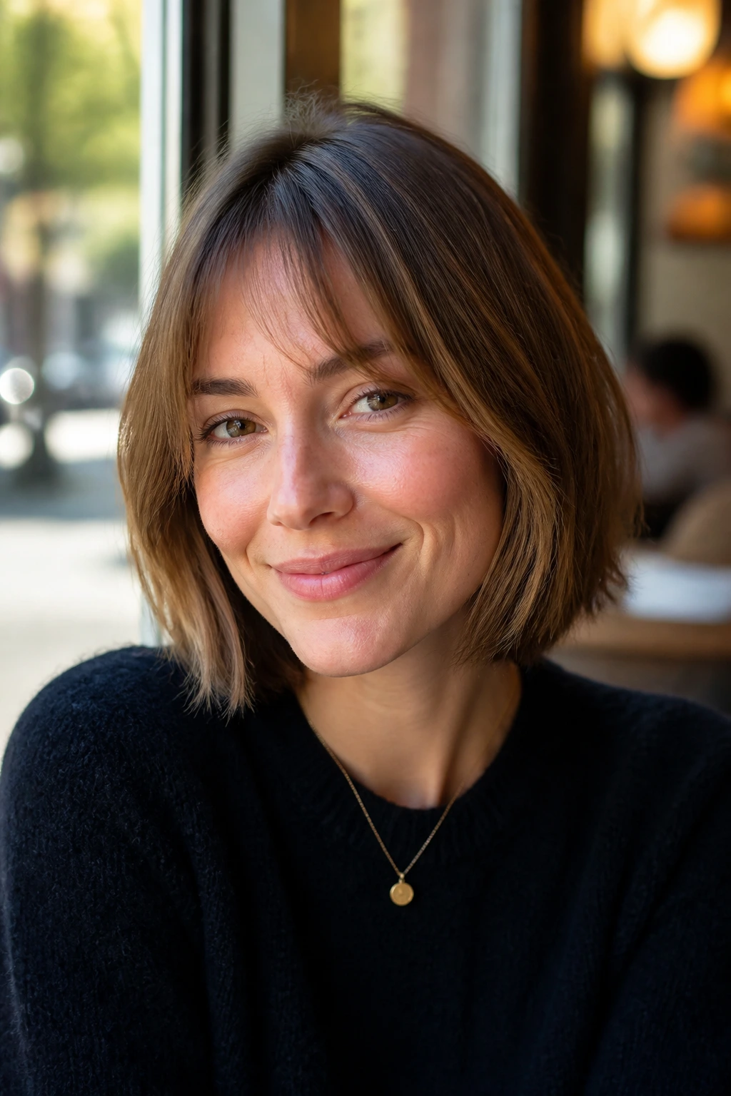 Close-up of a real woman with a chin-length bob and soft bottleneck bangs