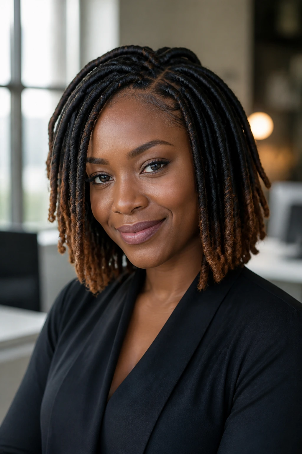 Real person with varied bob braid texture and color accents