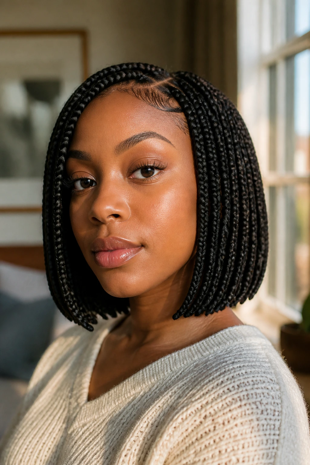 Portrait of a real woman with bob-length braids showing the shape