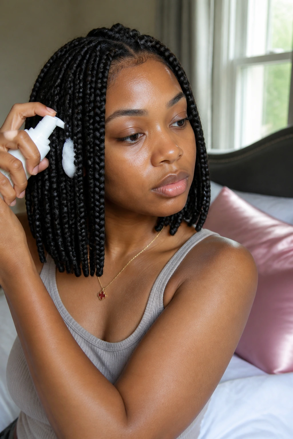 Real woman with bob-length box braids in a bedroom during mousse refresh.