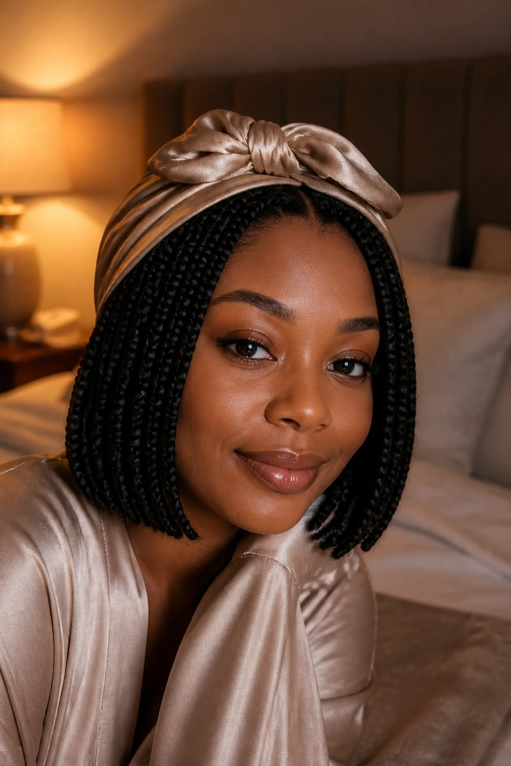 Close-up of real person with bob-length braids wearing satin wrap in cozy bedroom