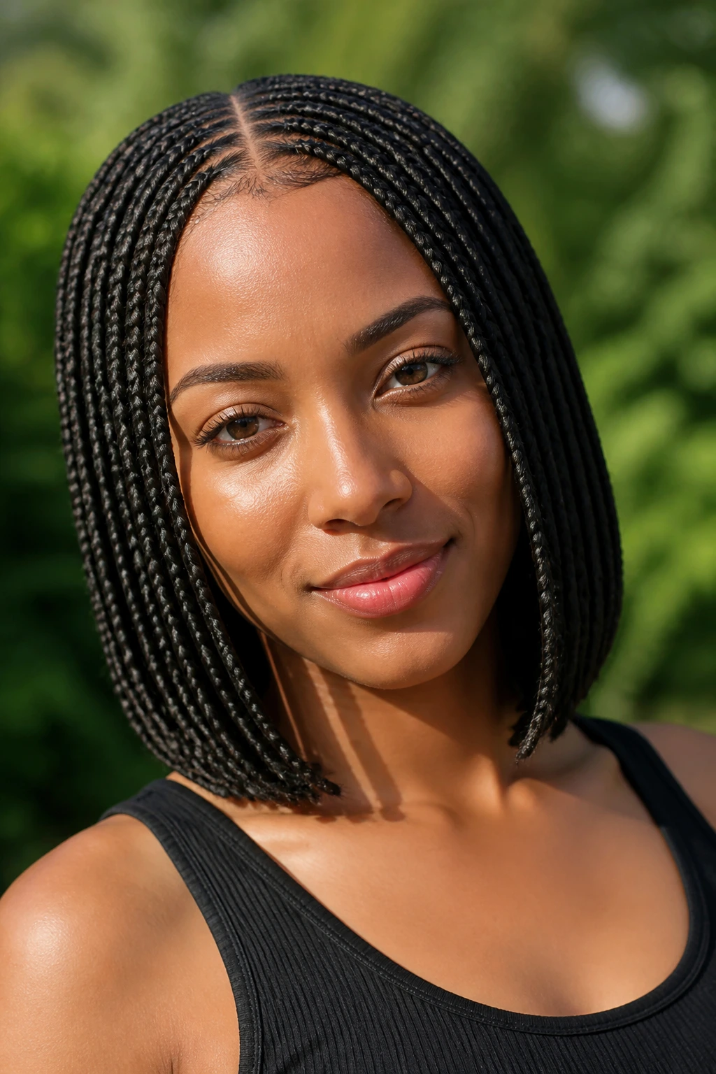 Portrait of bob-length braids with center part outdoors